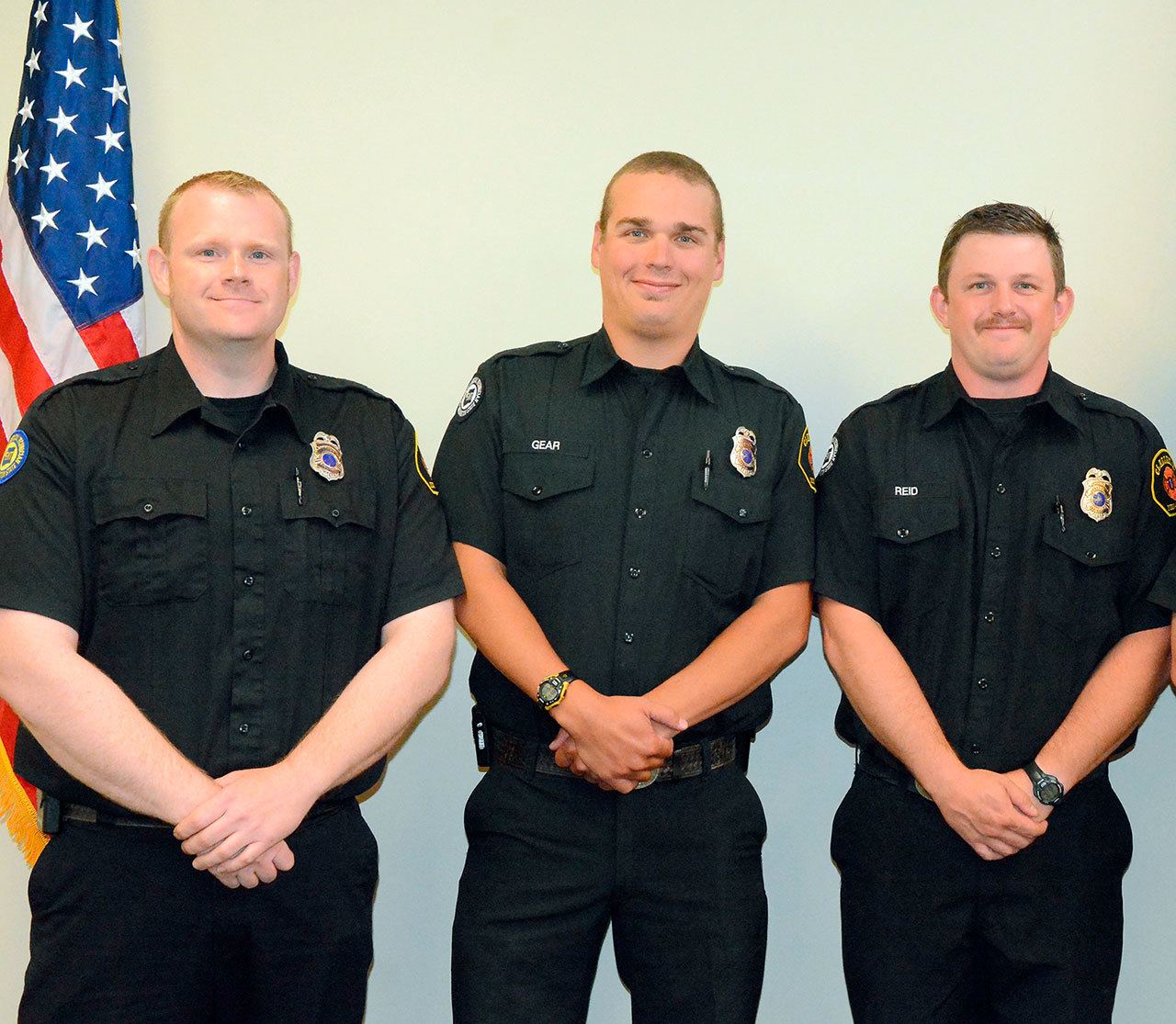 New career firefighters/EMTs for Clallam County Fire District No. 2 are, from left, Neil Crumley, Zachary Gear and Tyler Reid. (Jay Cline/Clallam County Fire District No. 2)