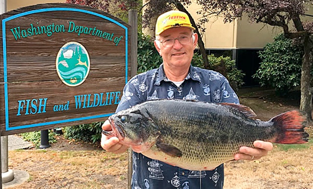 State Department of Fish and Wildlife Bill Evans shattered the 39-year-old state record for biggest largemouth bass. Evans caught the fish August 8 in Lake Bosworth in Snohomish County. It weighed 12.53 pounds and measured 23-inches long with a girth of 22.5 inches.