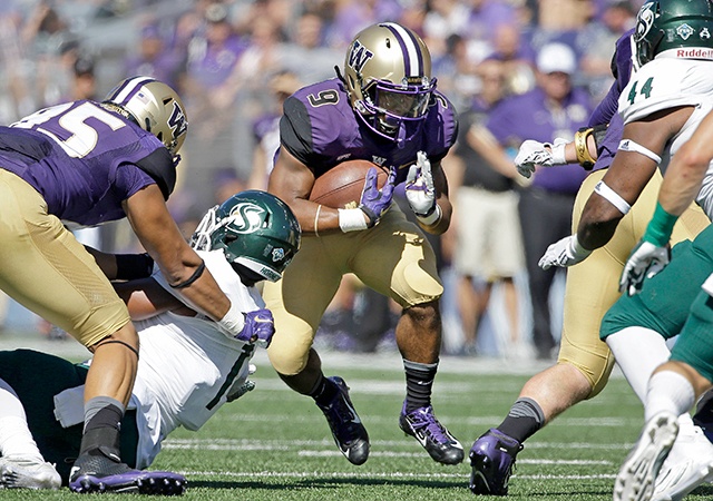 The Associated Press Washington’s Myles Gaskin (9) will be counted on in the Huskies’ rushing attack this season.