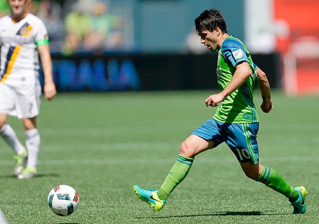 The Associated Press Seattle Sounders midfielder Nicolas Lodeiro kicks the ball against the Los Angeles Galaxy in the second half of an MLS soccer match, Sunday, July 31, 2016, in Seattle.