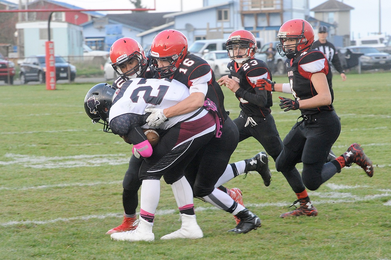 Neah Bay’s Cole Svec (16), and Rwehabura Munyagi Jr. wrap up a Lummi ball carrier during a game last season.