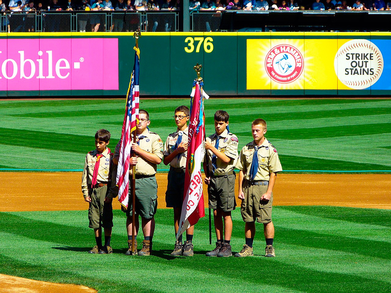 James T. Siscel Port Angeles Boy Scout Troop 1460 members Ozzy Minard, Rylan MacDonald, Harrison Fulton, Vince Pavlak, and Jackie Young presented the colors at the Seattle Mariners game on Sunday, Sept. 4. The Troop was accompanied by Scoutmaster Rory MacDonald and committee members Craig Fulton and Jackie Pavlak. Boy Scout meetings are held at IBC Church, 116 E. Ahlvers Road, Tuesdays from 6:15 p.m. to 8 p.m. For more information, email Jackiepavlak@gmail.com.