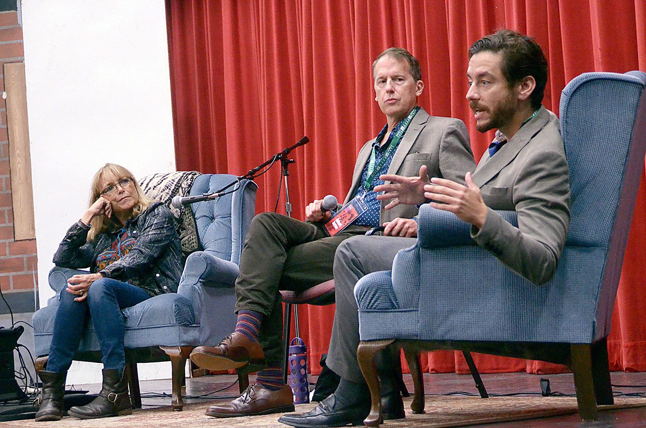 Port Townsend Film Festival special guests Karen Allen, left, and Andrew Perez, right, discussed their acting careers during a presentation moderated by Seattle film critic Robert Horton at Port Townsend High School on Friday. (Cydney McFarland/Peninsula Daily News)