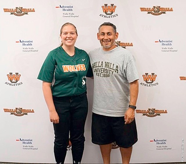 Port Angeles’ Alicia Howell, left, has signed a letter of intent to play softball for Walla Walla University and head coach Mike Jimenez.