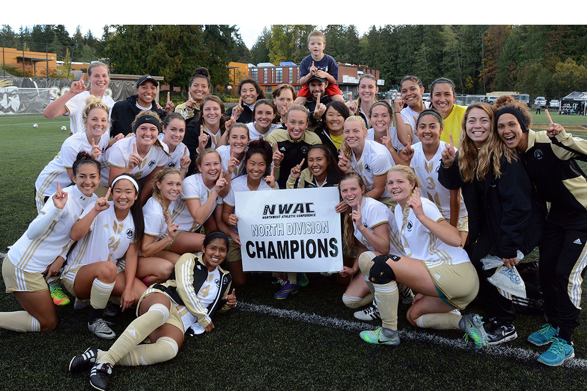 Peninsula College Athletics                                The Peninsula College women’s soccer team celebrates its sixth-straight NWAC division title after Monday’s 6-1 win over Shoreline at Wally Sigmar Field in Port Angeles.