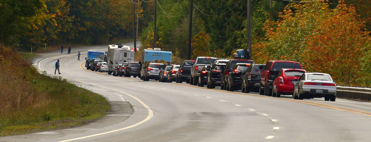 Traffic backs up on U.S. Highway 101 near the Elwha River bridge during a bridge closure Sunday morning. (John Gussman)