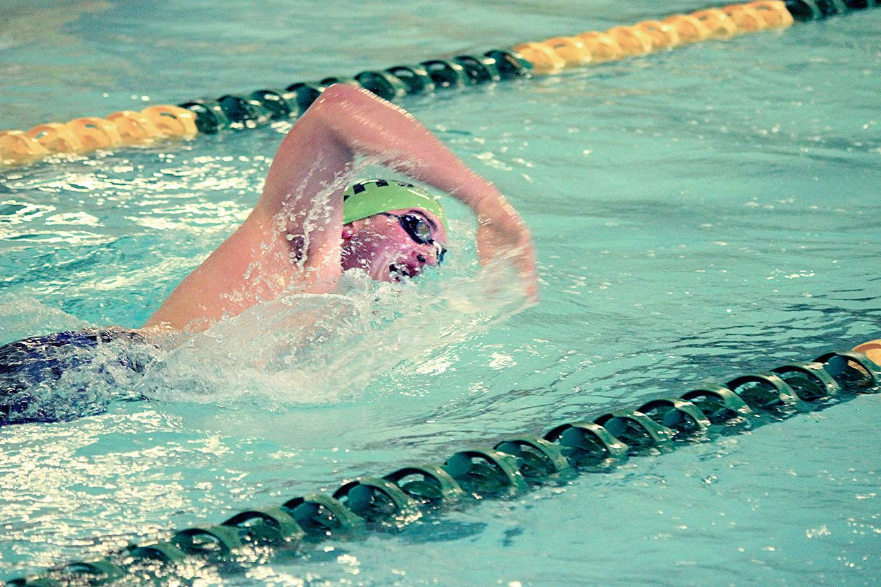 Patty Reifenstahl Port Angeles’ Karsten Hertzog swims his leg of the 4x100 Relay against North Kitsap at William Shore Memorial Pool.