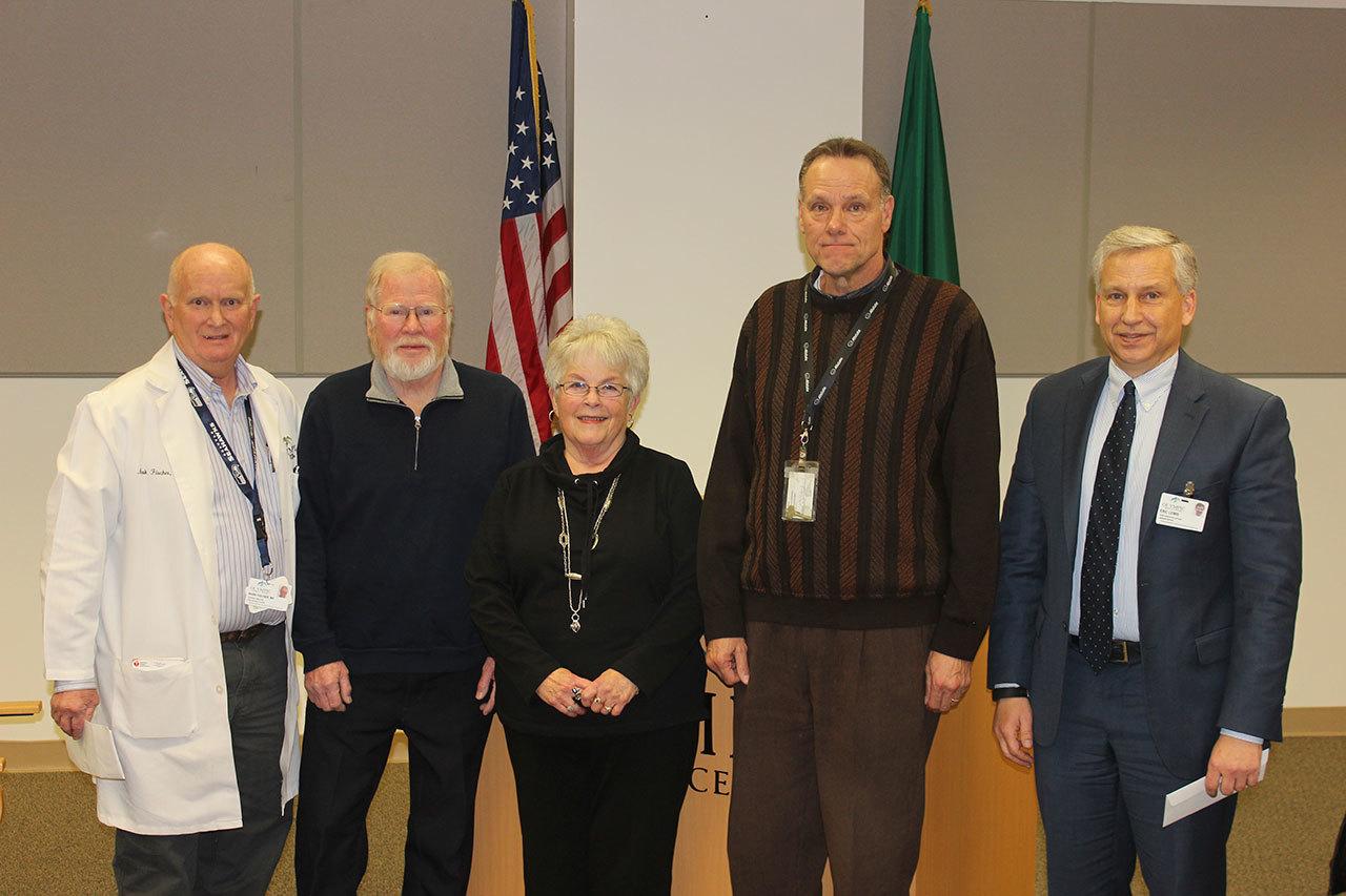 From left to right are donors Dr. Mark Fischer of Port Angeles, and Bob and Sherry Phillips of Sequim with OMC Foundation President Jim Jones and OMC CEO Eric Lewis.