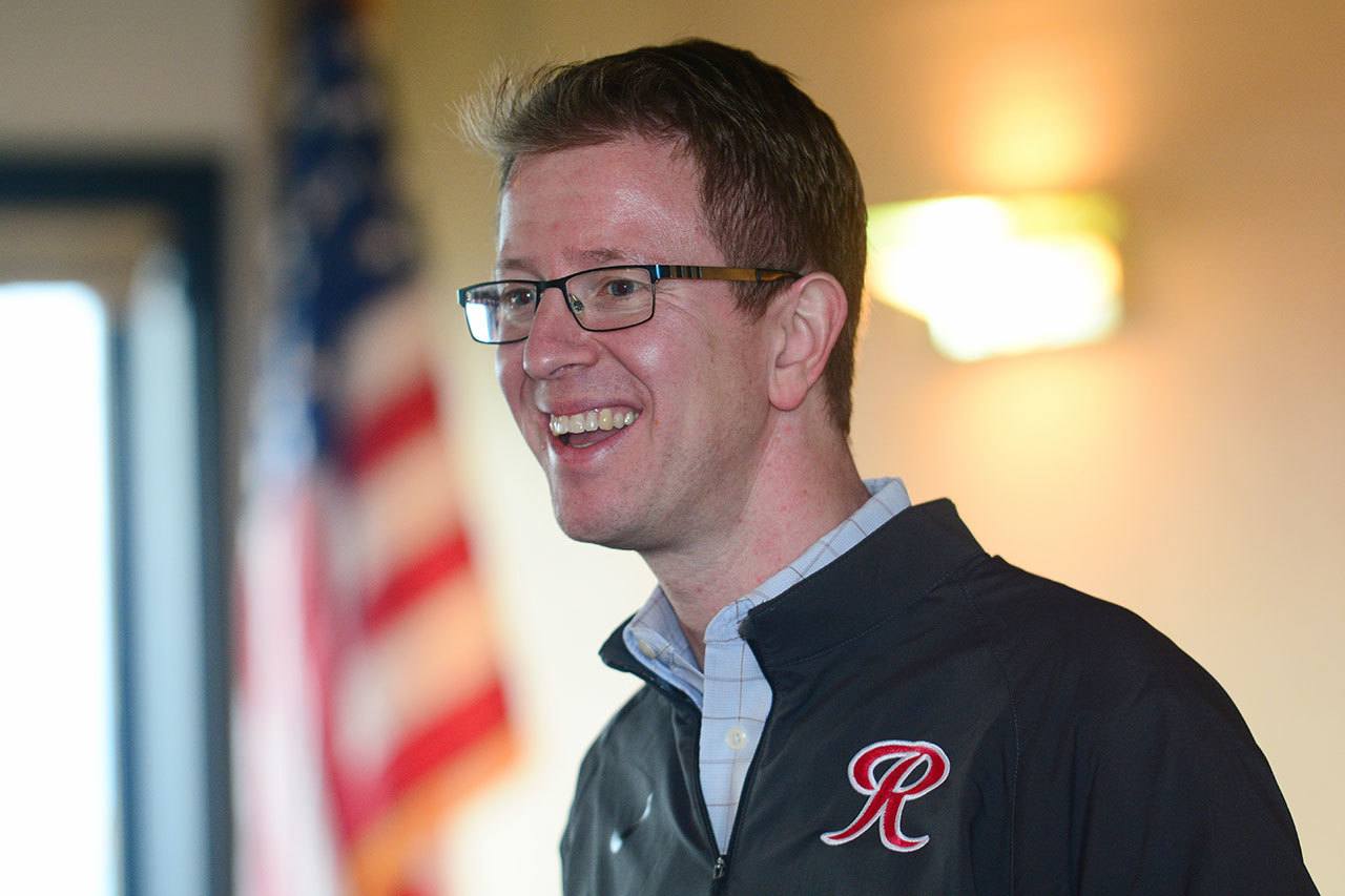 U.S. Rep. Derek Kilmer, D-Gig Harbor, speaks to the Port Angeles Downtown Association on Saturday. (Jesse Major/Peninsula Daily News)