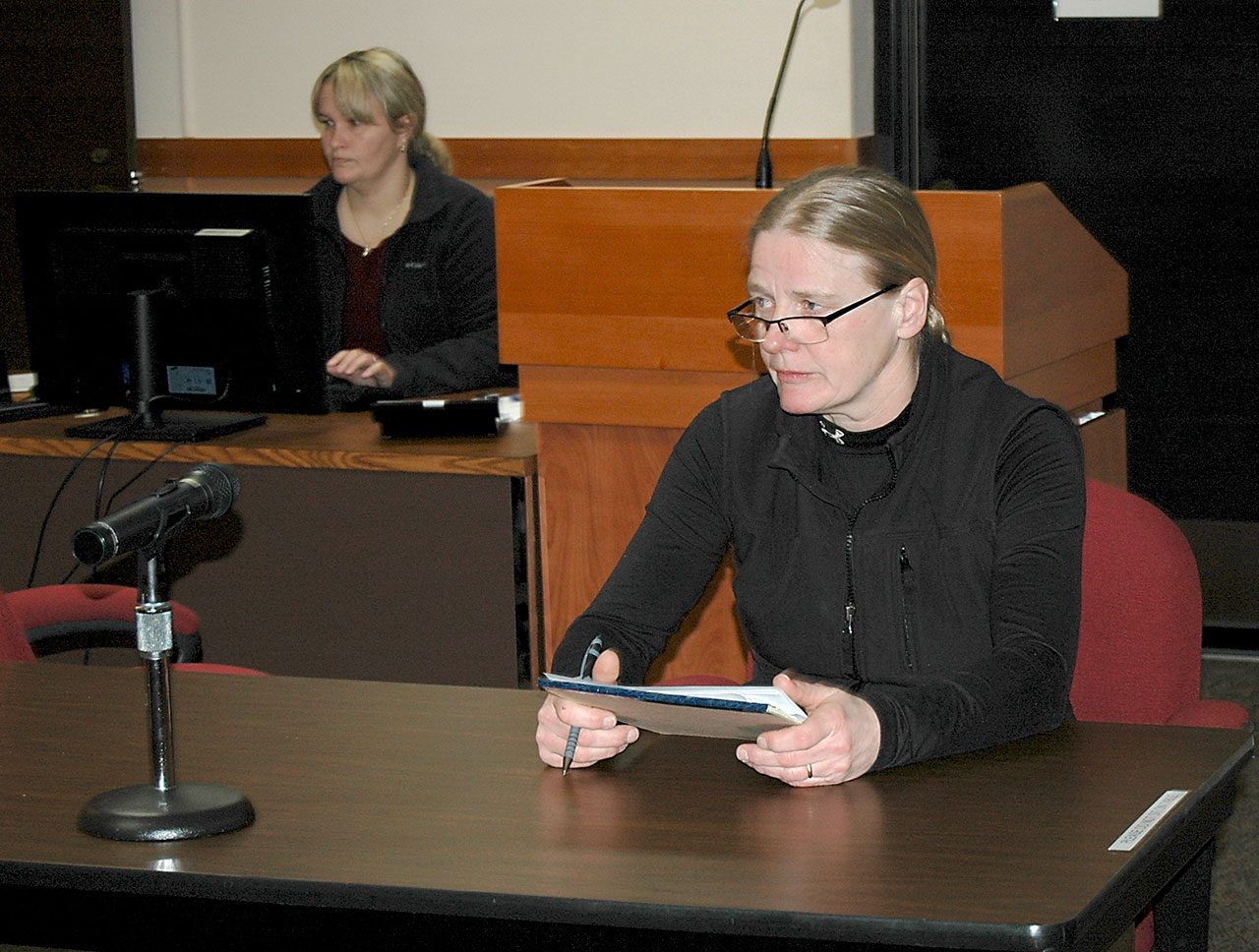 Clallam County Treasurer Selinda Barkhuis told county commissioners Tuesday she has not yet decided when she will resign. (Paul Gottlieb/Peninsula Daily News)