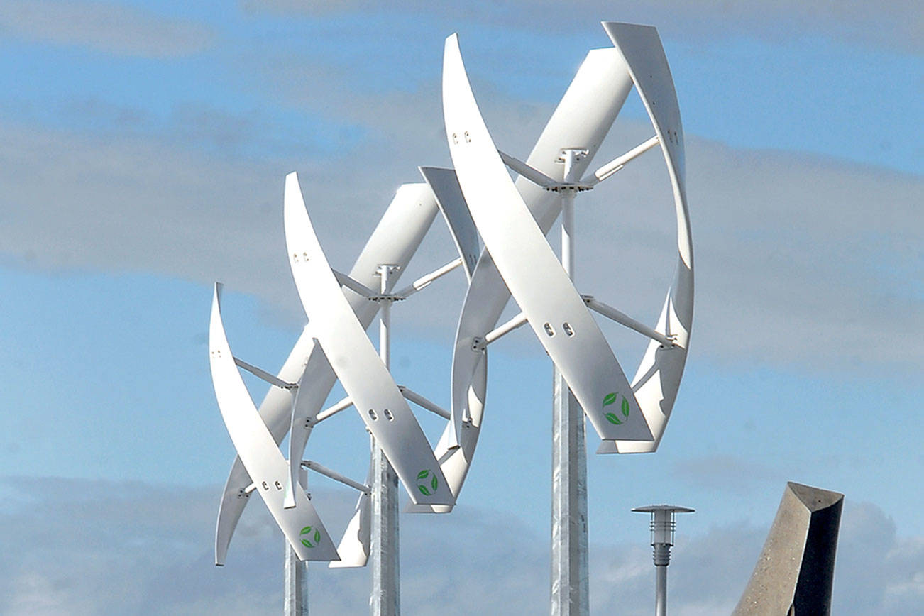 Port Angeles wind turbine spires turning; design, not power, main point