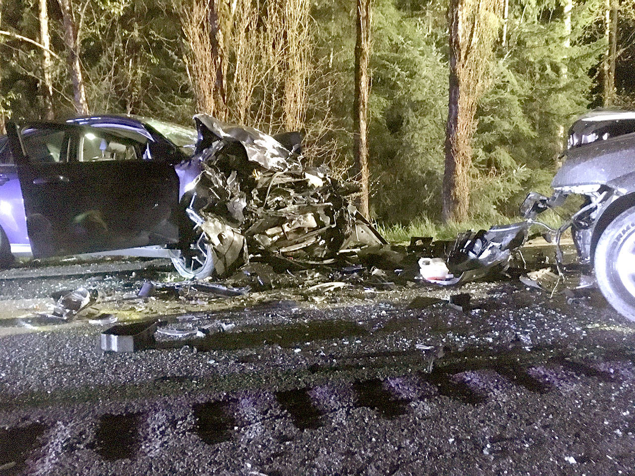 A 2016 Ford Focus and 2005 Hyundai Tucson were totaled after a head-on wreck on state Highway 203 near Duvall. A Port Angeles man is under investigation for DUI. (State Patrol)