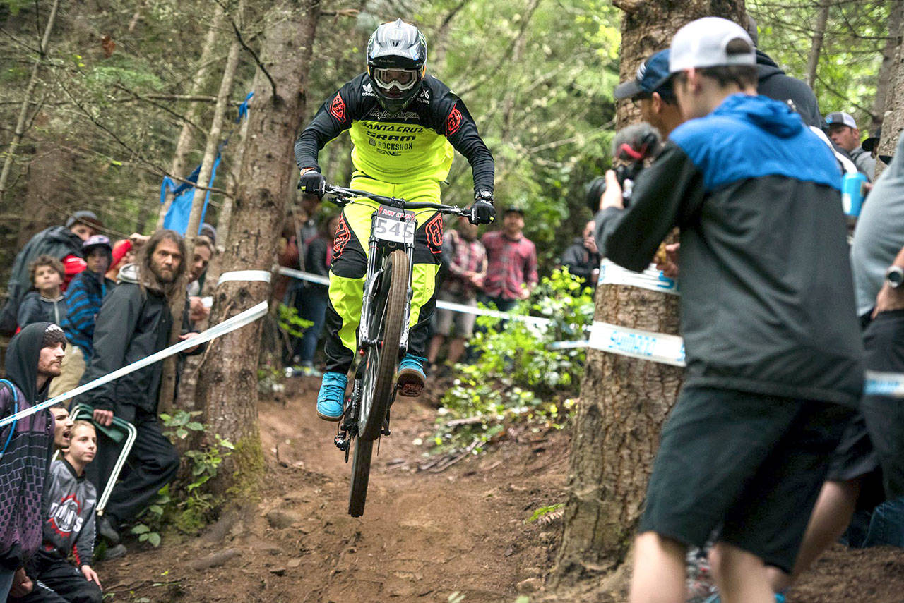 Mitch Ropelato of Odgen, Utah, placed second in the men’s pro division at the Northwest Cup downhill mountain biking races at Dry Hill in Port Angeles. Eric Ashley Photography