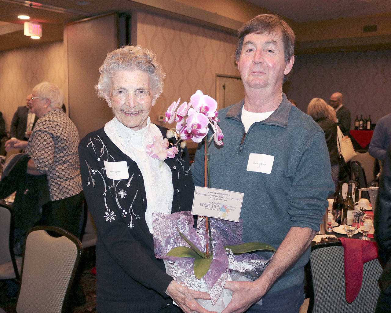 The Distinguished Service Person of the Year award was presented to Anne Todnem during the Port Angeles Education Foundation’s 26th annual Celebrate Education Dinner fundraiser. She is pictured with her son, David Todnem. (Port Angeles School District)