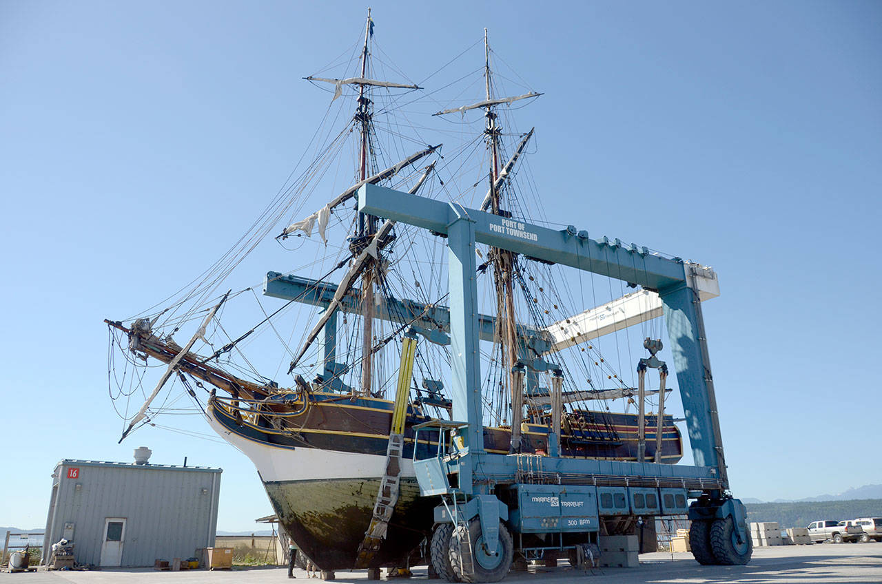 The Lady Washington was hauled out of the water at the Boat Haven marina in Port Townsend to inspect for damage after the ship ran aground in Sequim on Monday. (Cydney McFarland/Peninsula Daily News)