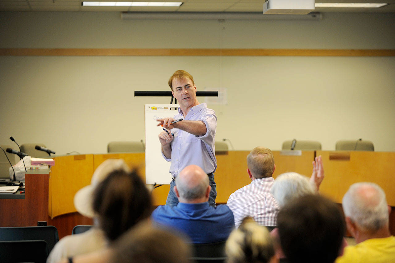 Bob Schroeter, Clallam Economic Development Corp. executive director, talks with community members and civic leaders in Sequim. (Michael Dashiell/Olympic Peninsula News Group)