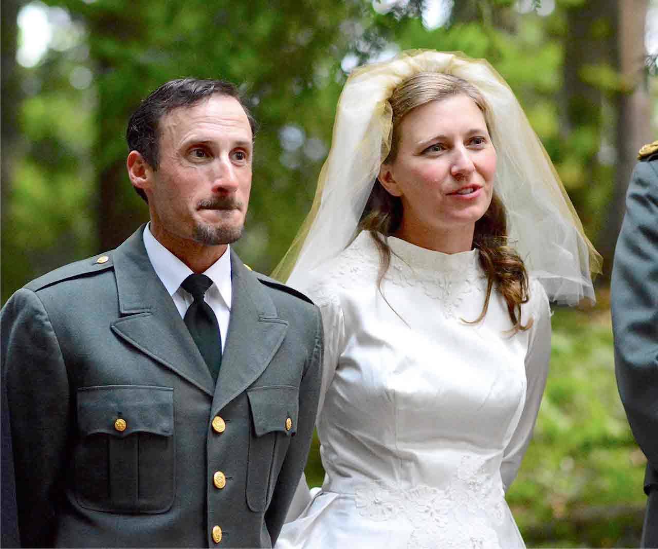 Josh Sutcliffe and Sharah Truett star as Benedick and Beatrice in “Much Ado about Nothing” in its final weekend at the Port Angeles Fine Arts Center’s Webster’s Woods park. (Diane Urbani de la Paz/for Peninsula Daily News)