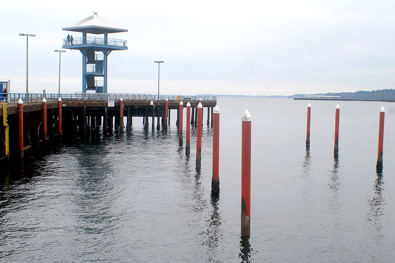 Keith Thorpe/Peninsula Daily News Pilings that once supported temporary moorage docks stand empty at Port Angeles City Pier as they await new dock sections.