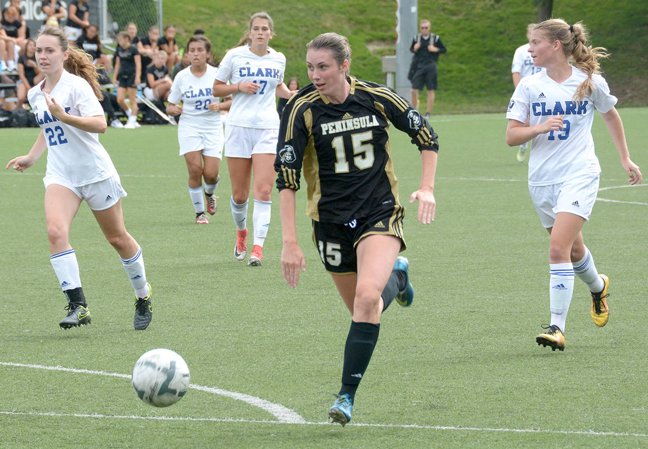 Peninsula College Athletics                                Peninsula’s Sydney Warren is climbing the all-time leading scorers’ list and currently sits fifth with 17 goals.