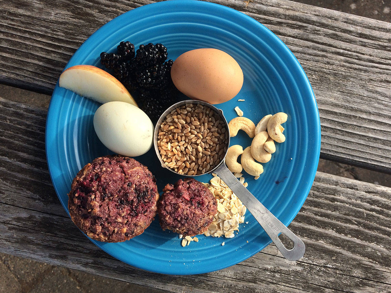 Candace Kathol’s awesome muffins are show with a plateful of healthful food options. (Betsy Wharton/for Peninsula Daily News)