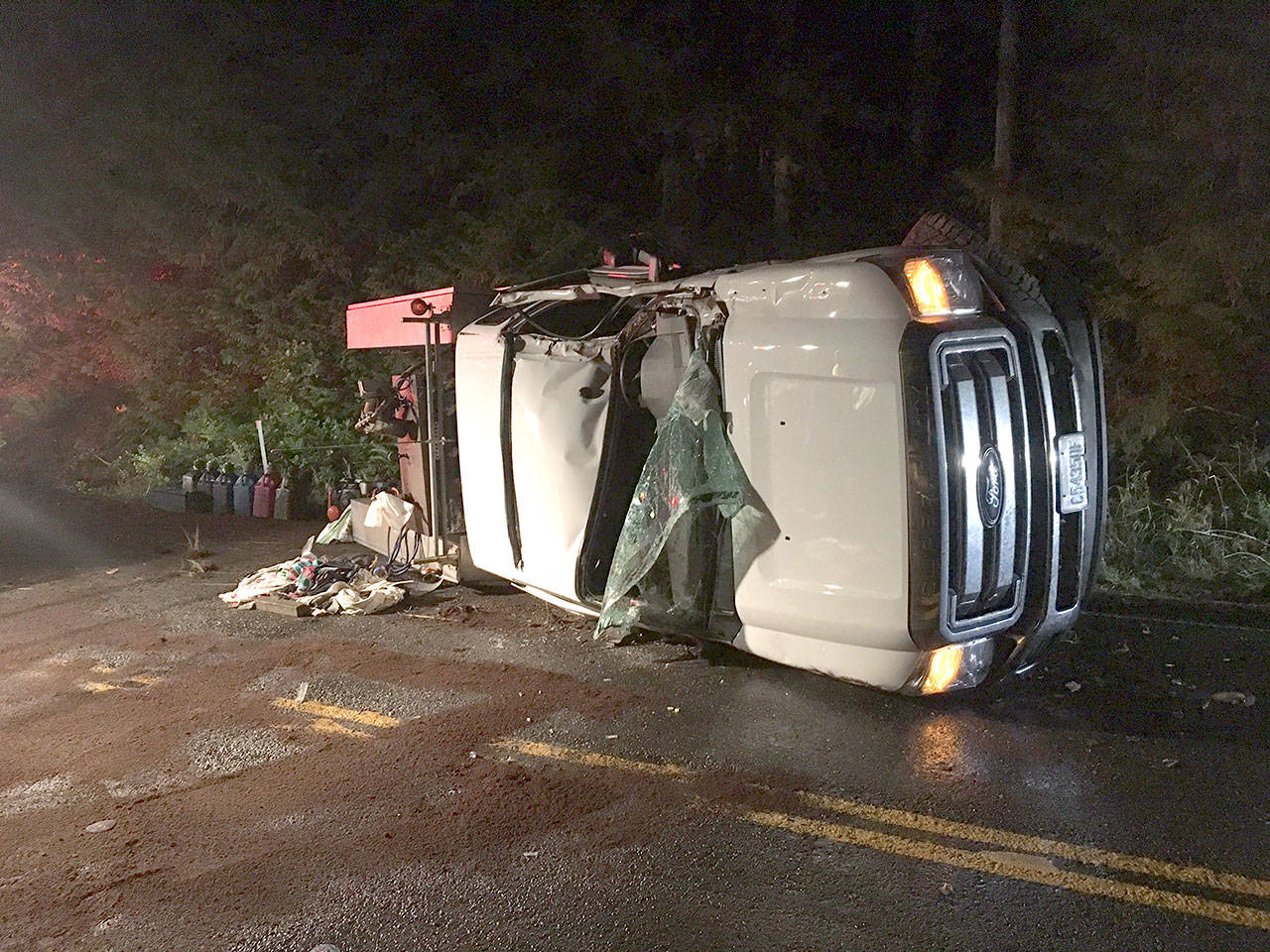 A 2016 Ford F-350 is shown after a fatal wreck on U.S. Highway 101 at Lake Crescent early Monday. (Clallam County Fire District No. 2)