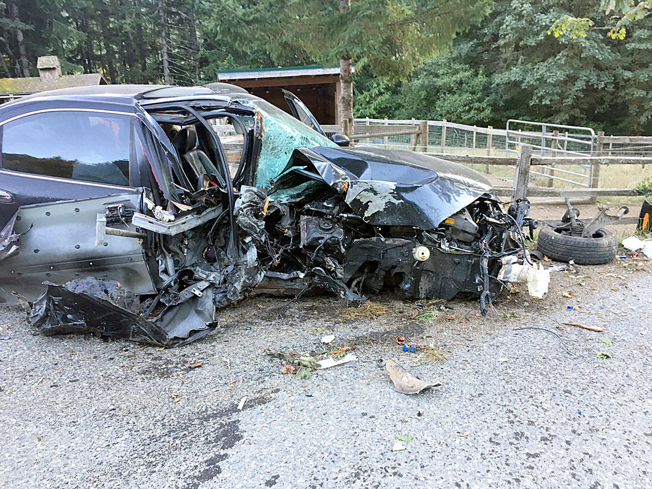 An unidentified man walked away from this wreck at 2345 Little River Road, south of Black Diamond Road, on Wednesday evening. First responders are crediting the man’s seat belt. (Clallam Fire District No. 2).