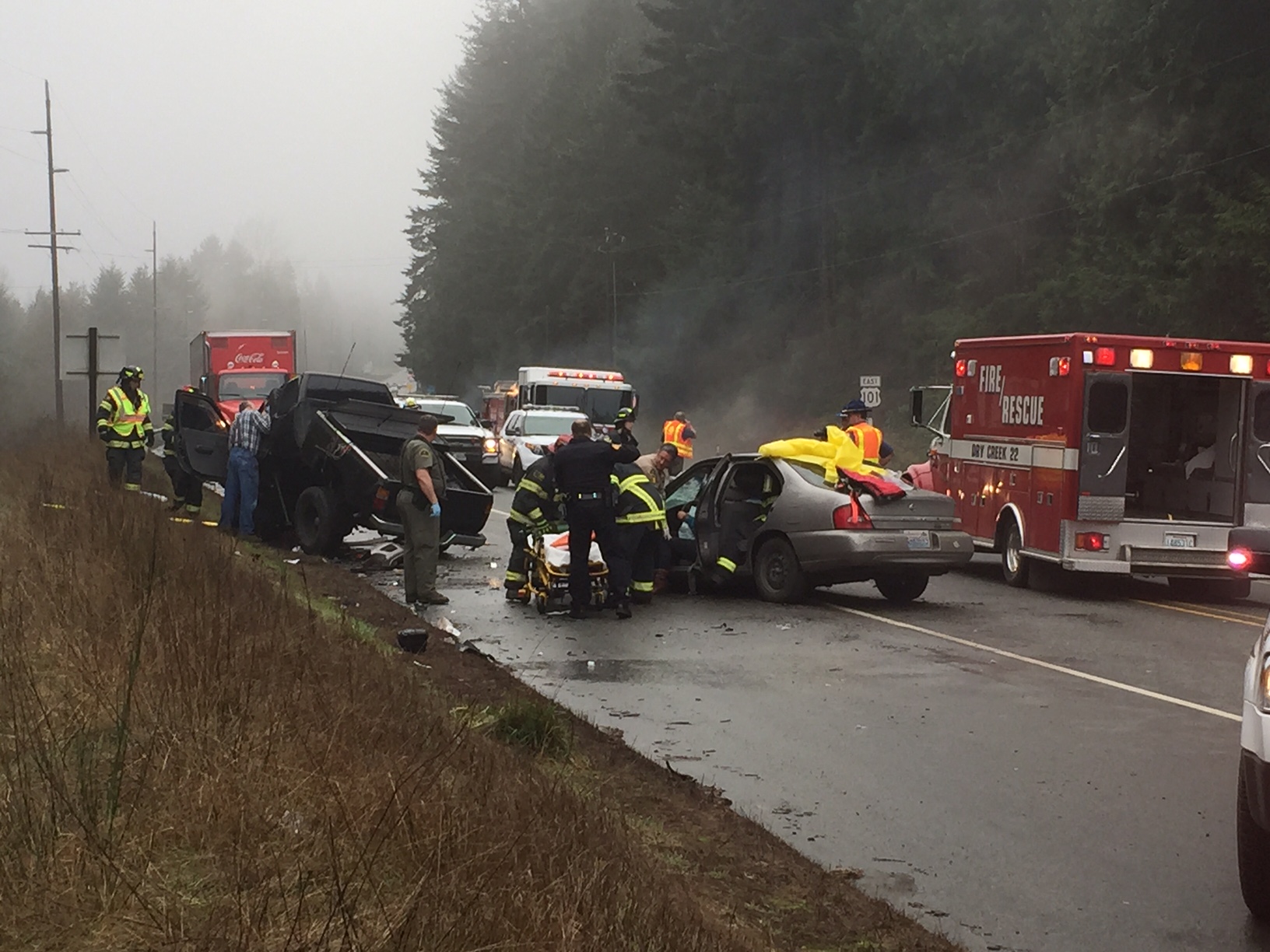 A car and pickup collided on U.S. Highway 101 near Laird's Corner west of Port Angeles this morning. (Jay Cline/Clallam County Fire District 2)