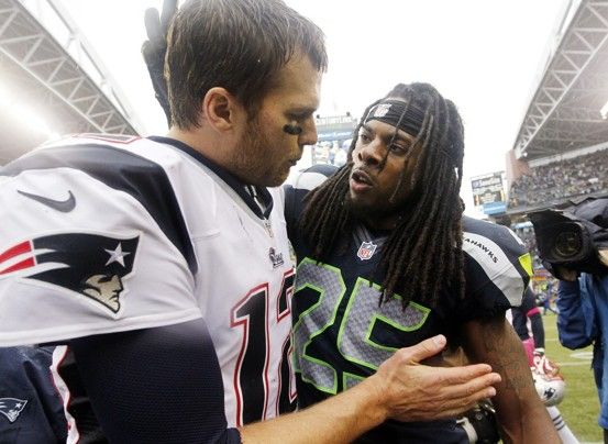 Seattle Seahawks cornerback Richard Sherman confronts New England Patriots quarterback Tom Brady following the Seahawks' 2012 win over the Patriots. (Boston.com)