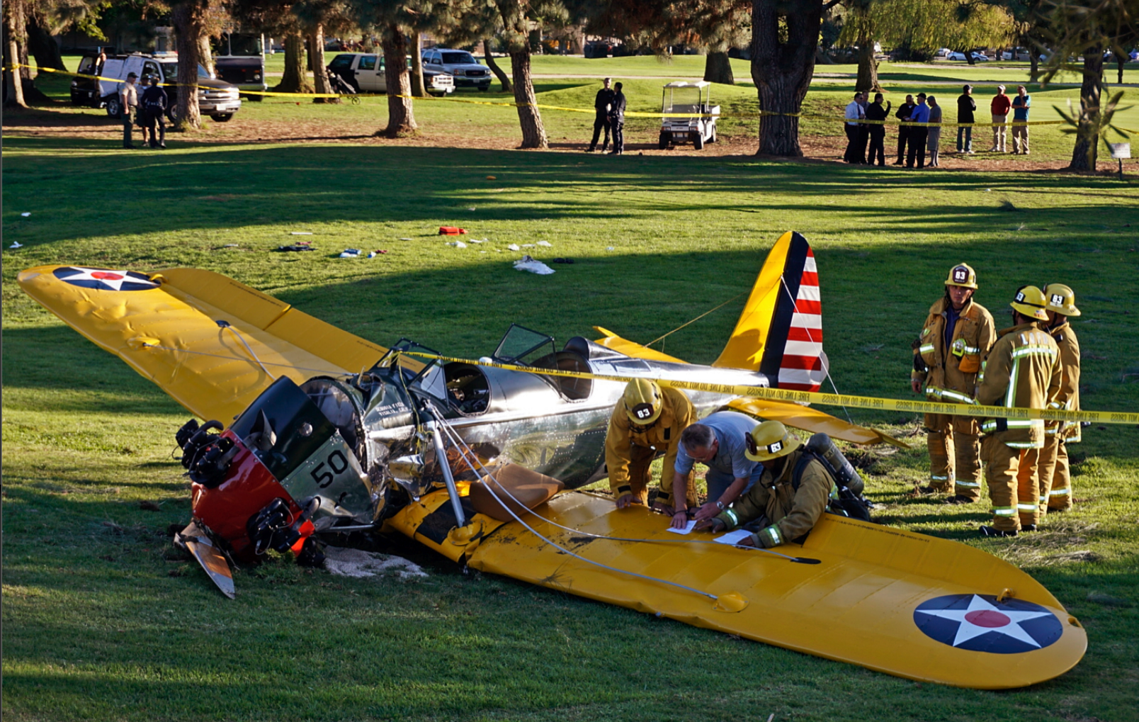 Harrison Ford's vintage plane lies where it crash-landed on Penmar Golf Course in the Venice area of Los Angeles.The course is near the Santa Monica Municipal Airport