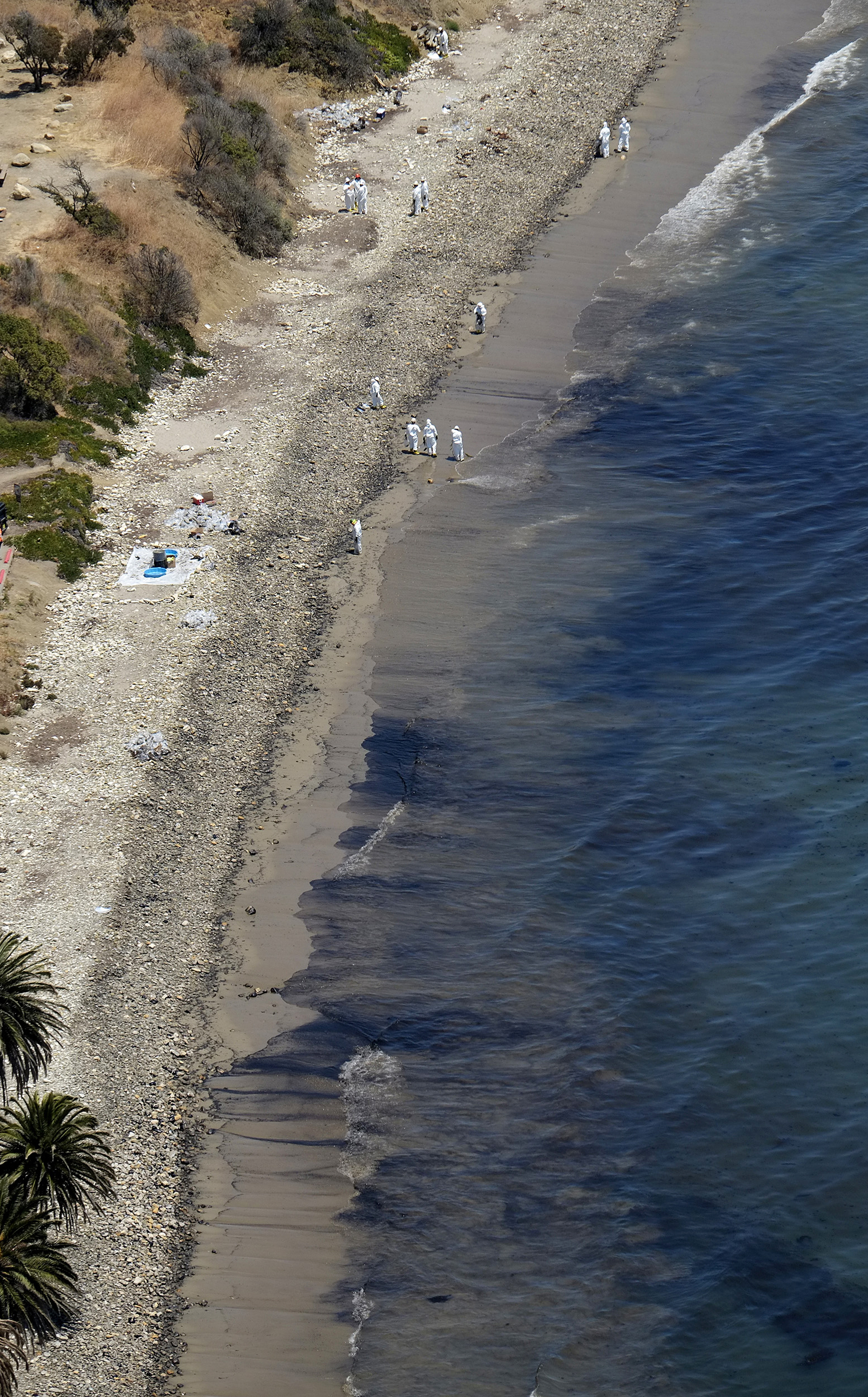 Oil in the surf at Refugio State Beach after a broken  onshore pipeline spewed oil down a storm drain and into the ocean. (The Associated Press)