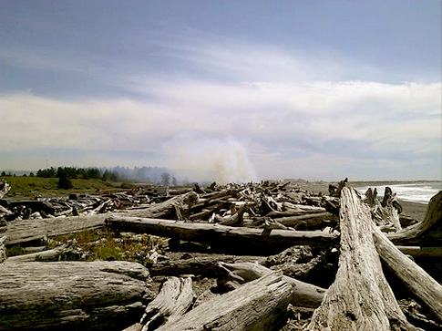 A driftwood fire is burning on Rialto Beach. (Jessica Hurley)