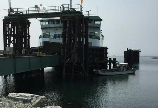 The MV Kennewick sits at the Coupeville ferry landing in Keystone Harbor