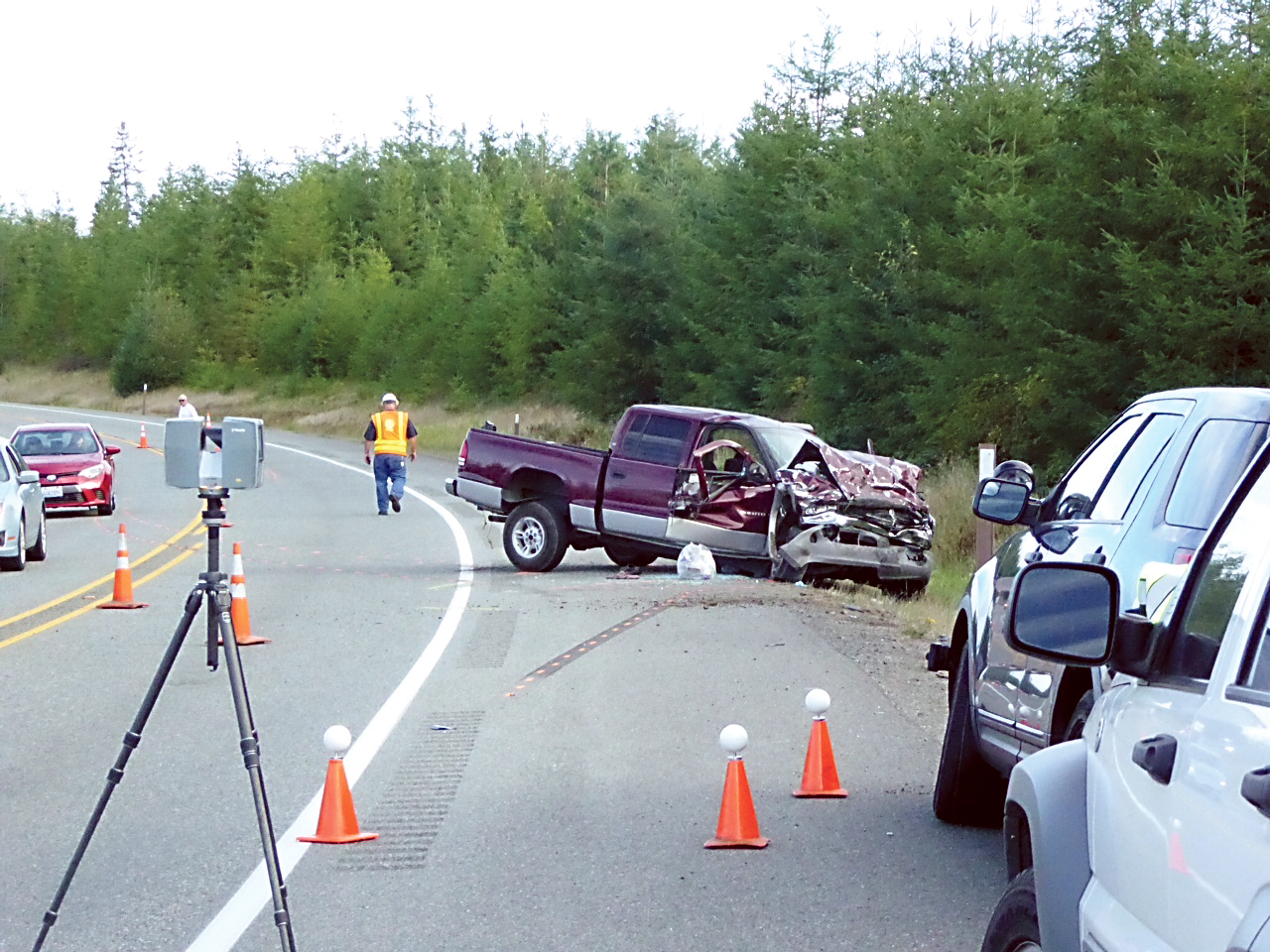 A passenger in this Dodge Ram pickup was killed in a two-vehicle crash today on state Highway 104. Charlie Bermant/Peninsula Daily News