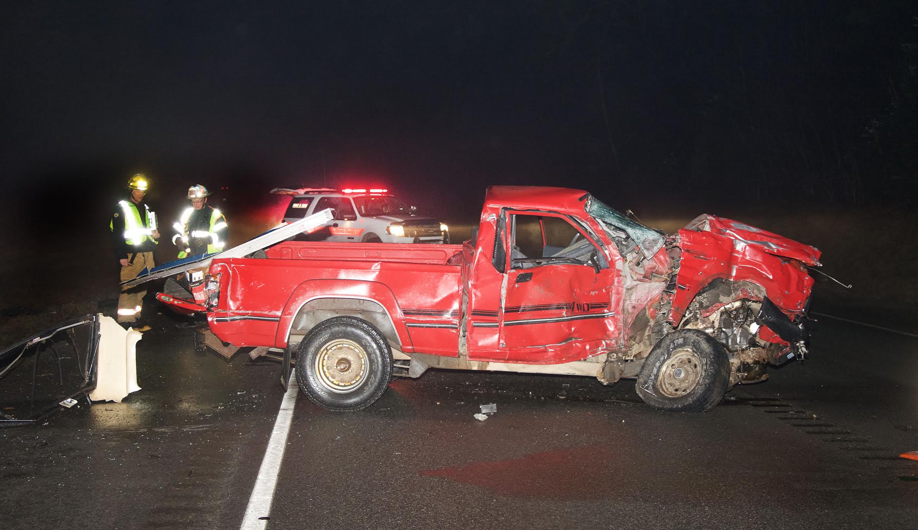 A red pickup truck