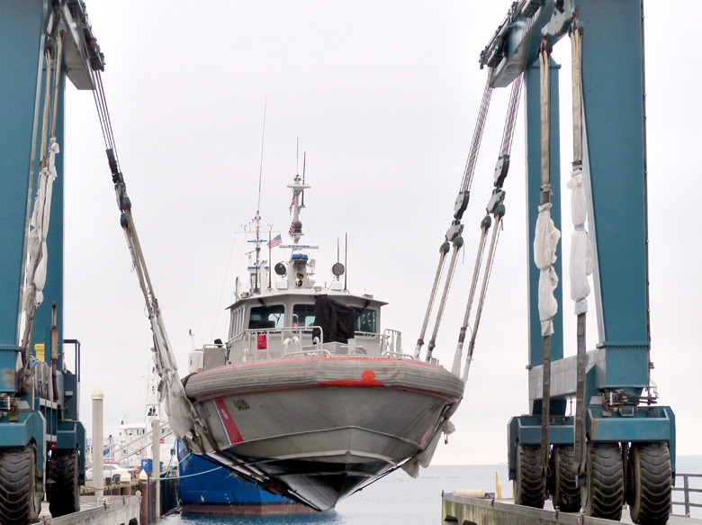 The 87-foot Coast Guard cutter Terrapin is moored in the Port Angeles Boat Haven at Westport's side-slip after being put back in the water Monday. It departed Port Angeles on Friday. (David G. Sellars/for Peninsula Daily News)