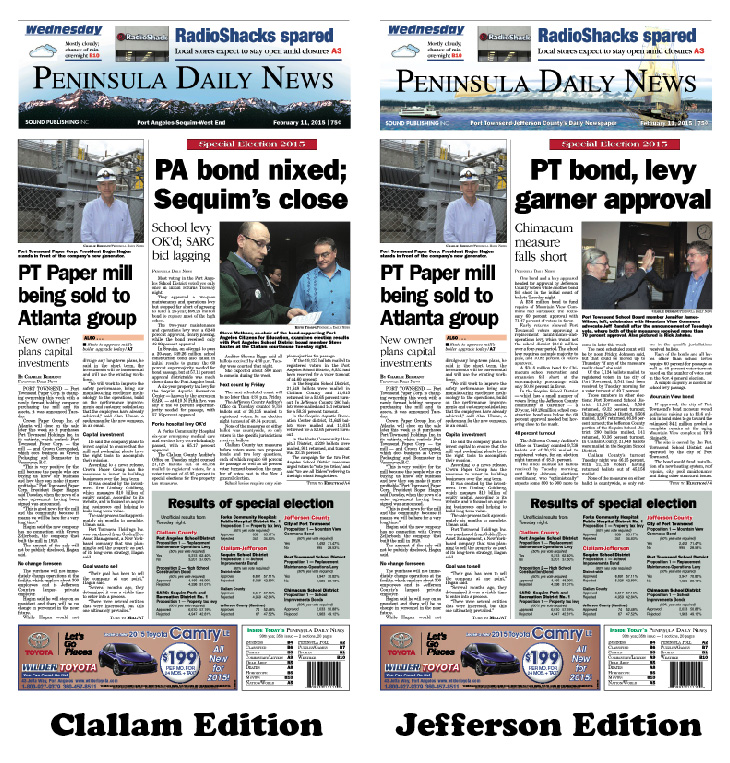 Today's front pages for the Clallam and Jefferson editions are tailored with local election results alongside significant regional news. There's more inside that isn't online! ()