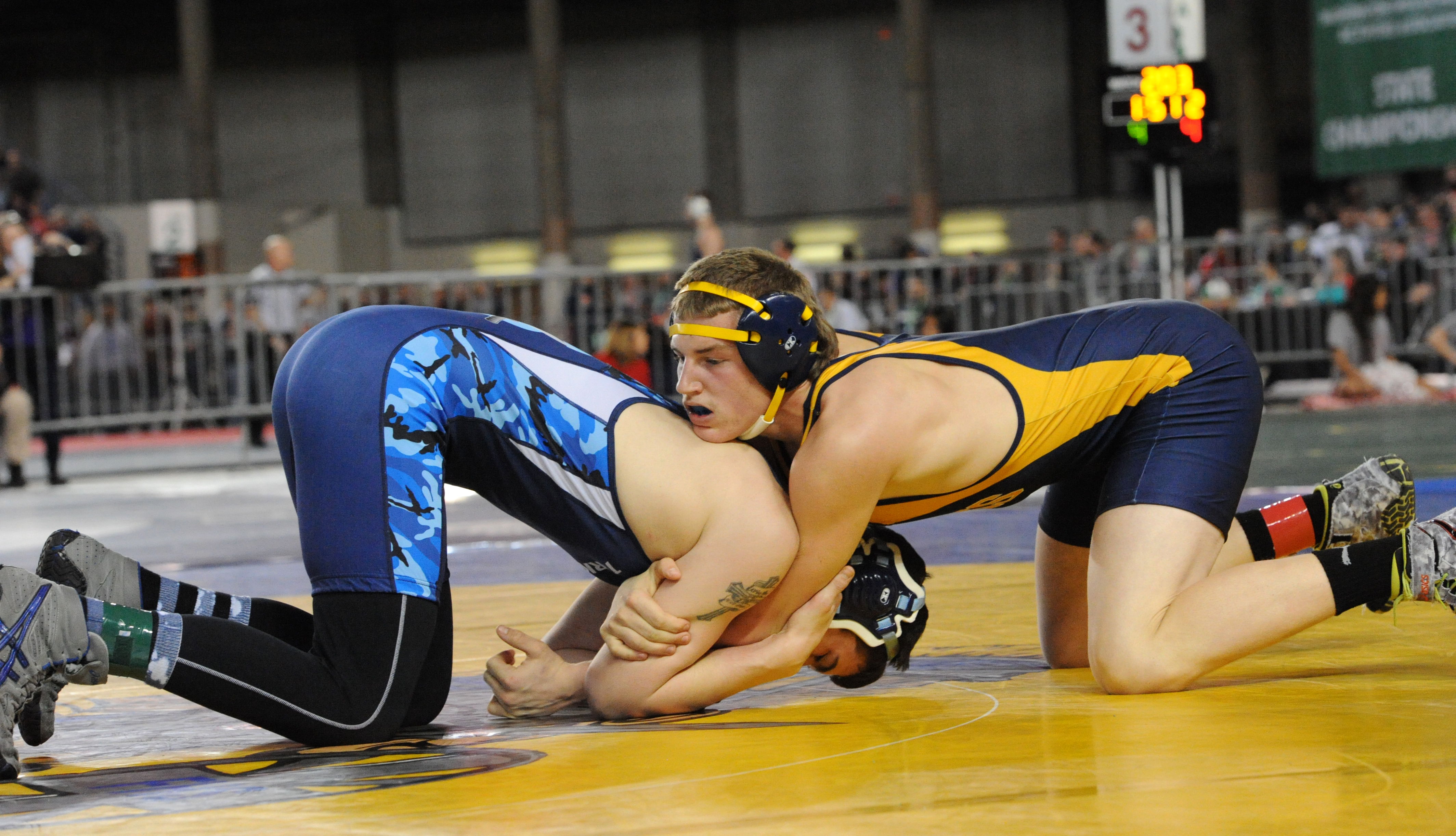 Jack Dahlgren of Forks pinned Sultan's Matt Baller in the 182-pound match of the state quarterfinals at the Mat Classic at the Tacoma Dome. (Lonnie Archibald/for Peninsula Daily News)