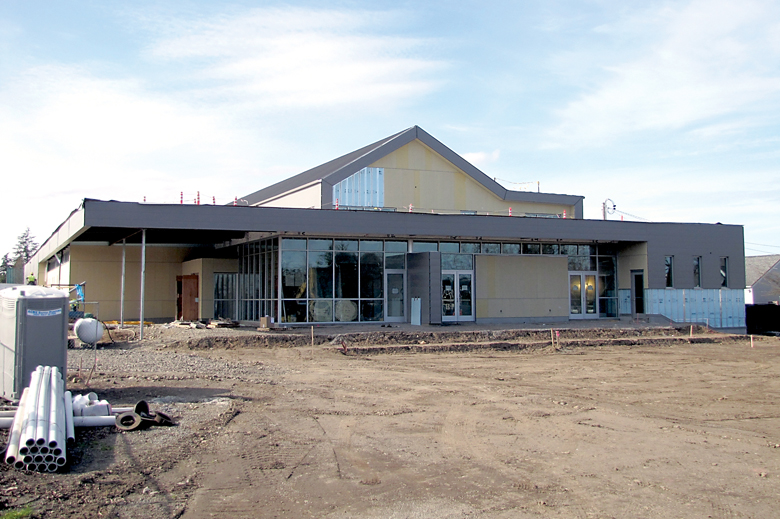 The main entrance and plaza area of the Sequim Civic Center are shown at 152 W. Cedar St. (Arwyn Rice/Peninsula Daily News)