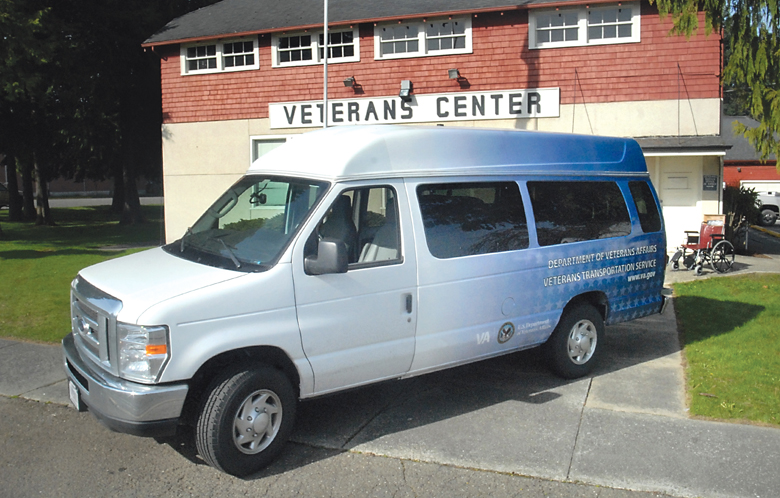 A lift-equipped van for ferrying veterans to and from Seattle for medical treatment sits in front of the Clallam County Veterans Center in Port Angeles on Friday. (Keith Thorpe/Peninsula Daily News)