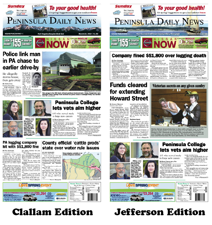 Today's front pages tailored for the PDN's Clallam and Jefferson editions. There's more inside that isn't online! ()