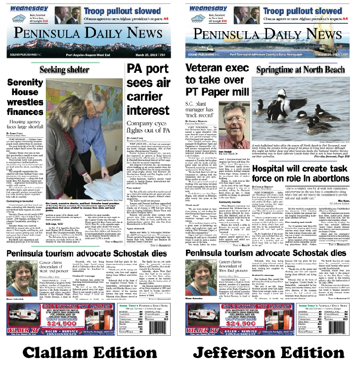 Today's front pages tailored for the PDN's Clallam and Jefferson editions. There's more inside that isn't online! ()