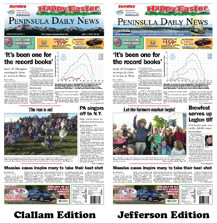 Today's front pages tailored for the PDN's Clallam County and Jefferson County editions. There's more inside that isn't online! ()