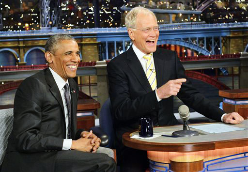 President Barack Obama guests on "Late Show" with host David Letterman earlier this month. Letterman retires from late-night hosting May 20. (CBS via The Associated Press)