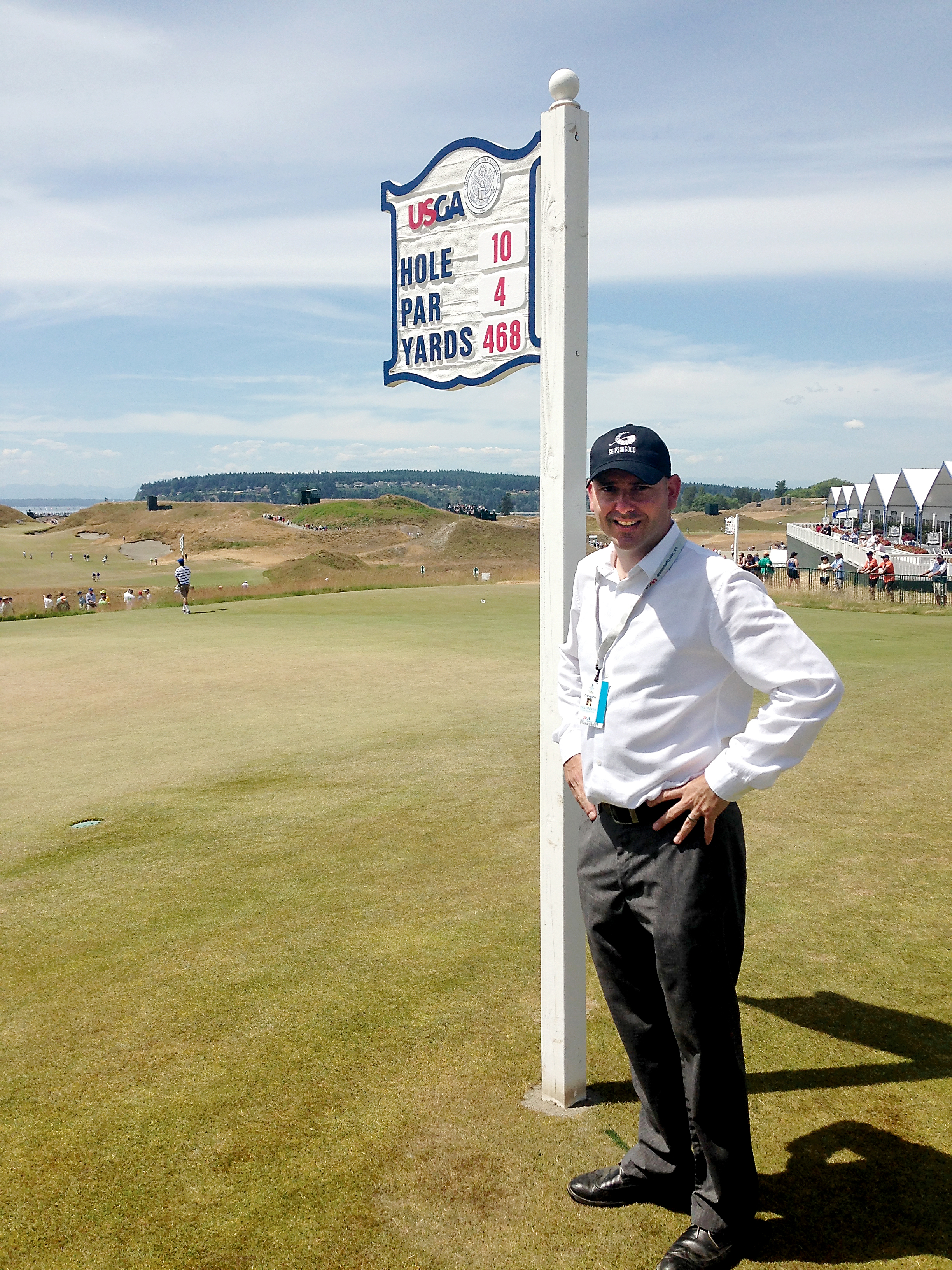 Port Ludlow Director of Golf Vito DeSantis served as the afternoon starter on the 10th tee at Monday's U.S. Open practice round at Chambers Bay Golf Course. (Debbie Wardrop)