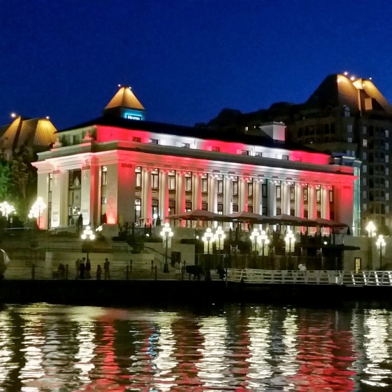 A new LED lighting system on the historic Steamship Terminal building next door to the MV Coho landing in Victoria turns the recently renovated building into Canada's patriotic colors for Canada Day. The lights will switch to red