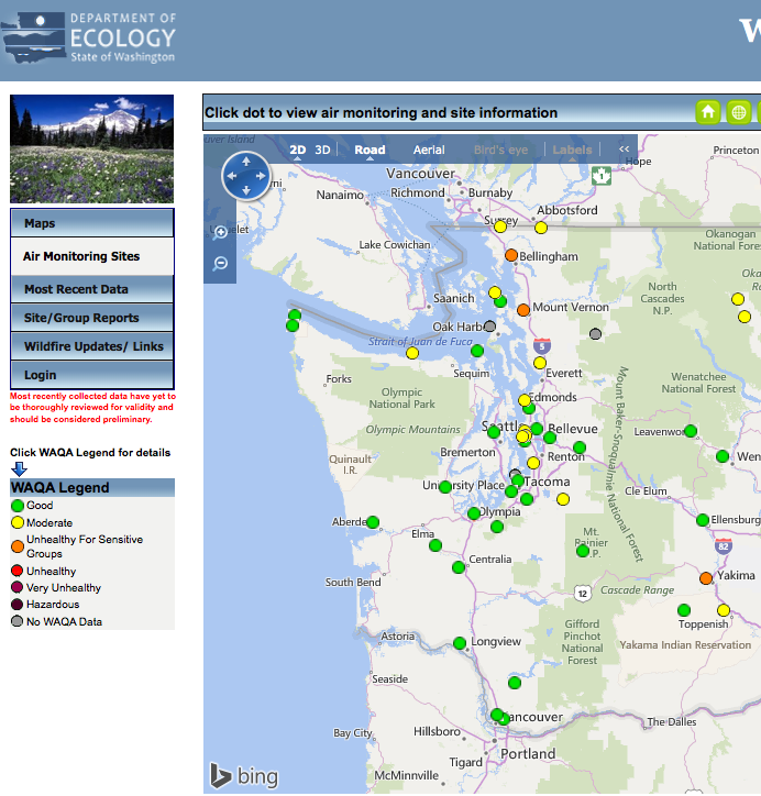 Air pollution readings Monday evening at the state Department of Ecology website