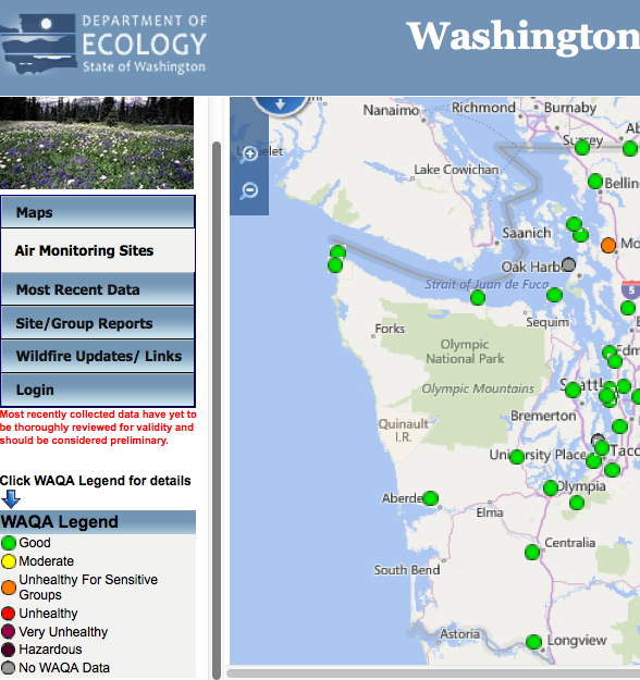 Tuesday morning's air pollution readings at the state Department of Ecology website