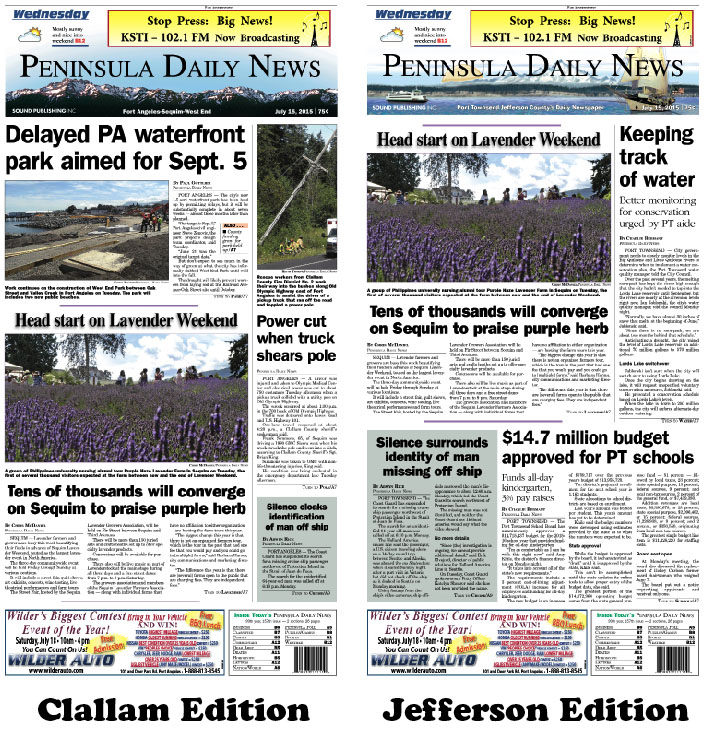 Today's front pages tailored for the PDN's readers in Clallam and Jefferson counties. There's more inside that isn't online!