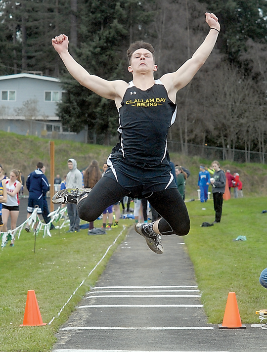 Clallam Bay long jumper Clayton Willis leaps into the pit during the Port Angeles Invitational. Willis won the Class 1B long jump state title