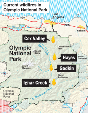 A map showing the locations of the four Olympic National Park fires. (Keith Thorpe/Peninsula Daily News)